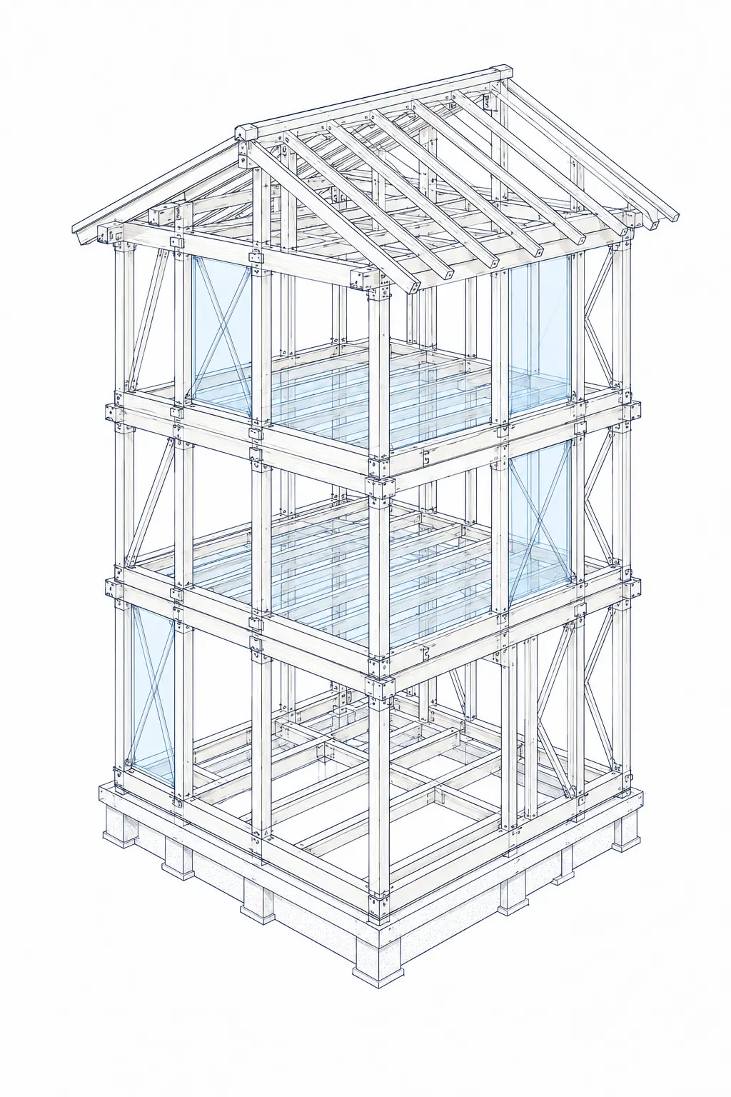 3階建住宅の木造軸組フレームを表した技術イラスト