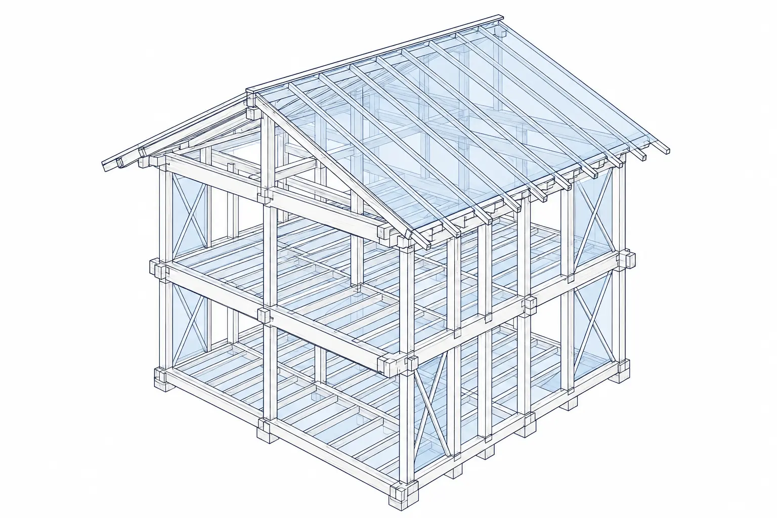 2階建住宅の木造軸組フレームを表した技術イラスト