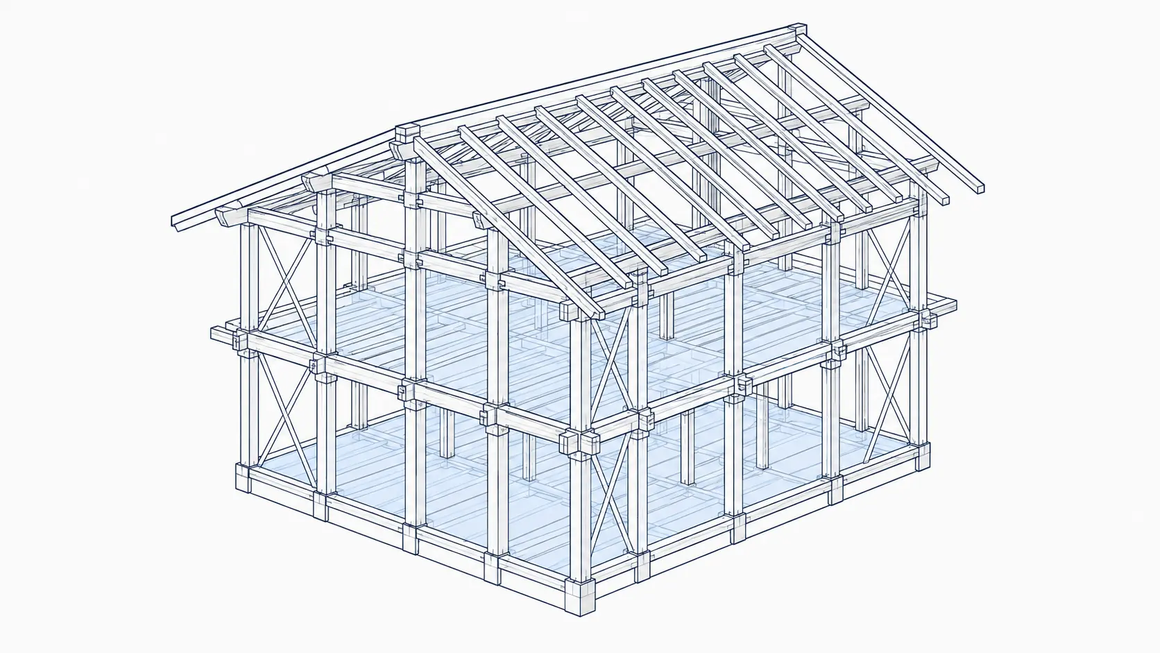 2階建木造軸組住宅の構造フレームを表した技術イラスト
